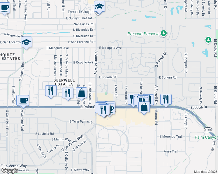 map of restaurants, bars, coffee shops, grocery stores, and more near 1930 East Renee Circle in Palm Springs