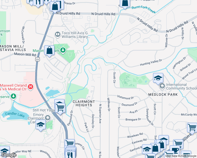 map of restaurants, bars, coffee shops, grocery stores, and more near 901 North Superior Avenue in Decatur