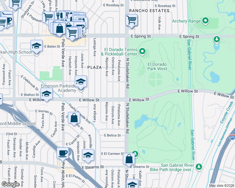 map of restaurants, bars, coffee shops, grocery stores, and more near 2615 Petaluma Avenue in Long Beach