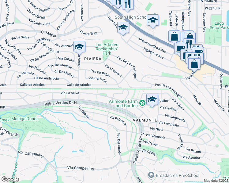 map of restaurants, bars, coffee shops, grocery stores, and more near 3617 Navajo Place in Palos Verdes Estates