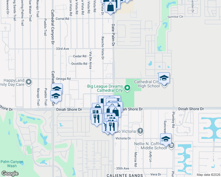 map of restaurants, bars, coffee shops, grocery stores, and more near 33669 Date Palm Drive in Cathedral City