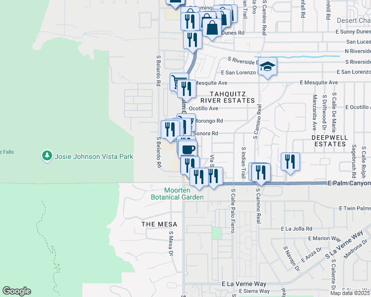 map of restaurants, bars, coffee shops, grocery stores, and more near 1502 South Palm Canyon Drive in Palm Springs