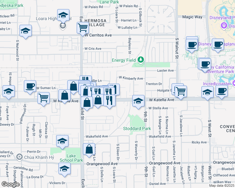 map of restaurants, bars, coffee shops, grocery stores, and more near 1723 South Angel Court in Anaheim