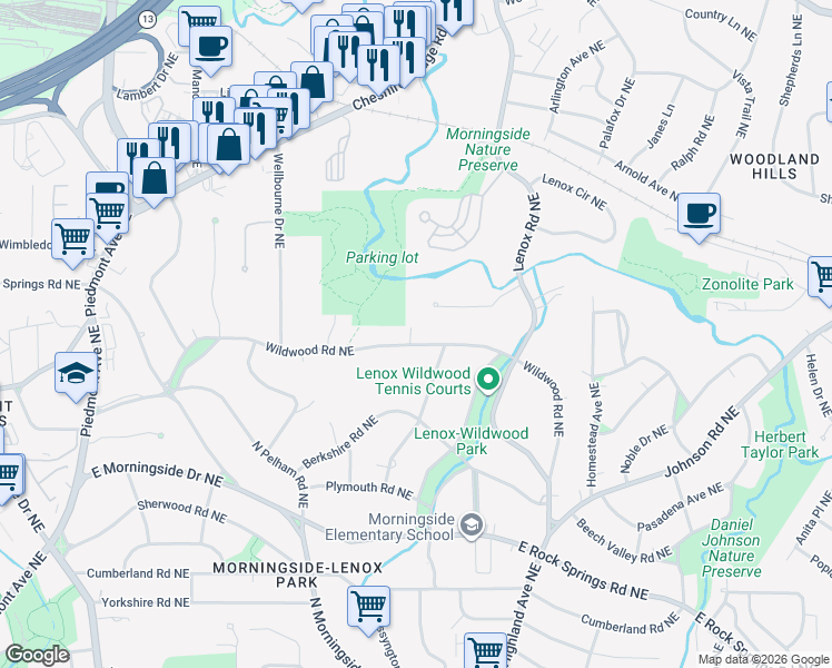 map of restaurants, bars, coffee shops, grocery stores, and more near 988 Wildwood Rd NE in Atlanta