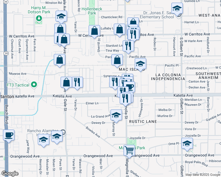 map of restaurants, bars, coffee shops, grocery stores, and more near 8862 Regal Avenue in Anaheim