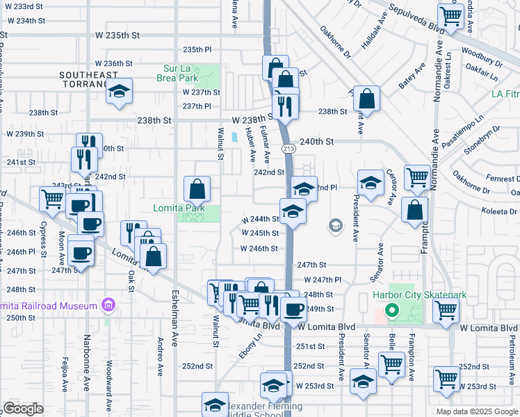 map of restaurants, bars, coffee shops, grocery stores, and more near 2306 West 243rd Street in Torrance