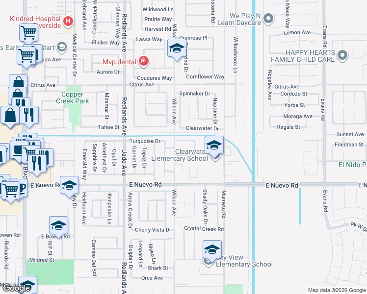 map of restaurants, bars, coffee shops, grocery stores, and more near 1748 Starboard Way in Perris