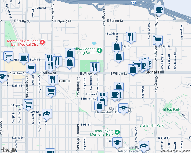 map of restaurants, bars, coffee shops, grocery stores, and more near 1138 East Willow Street in Signal Hill
