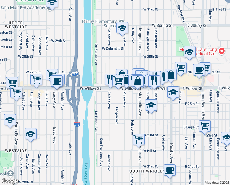map of restaurants, bars, coffee shops, grocery stores, and more near 2571 Oregon Avenue in Long Beach