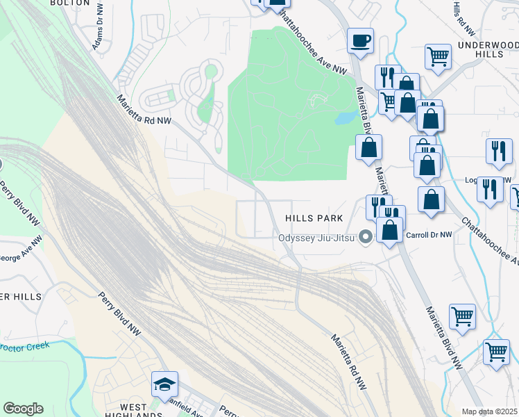 map of restaurants, bars, coffee shops, grocery stores, and more near 1777 Ellen Street Northwest in Atlanta