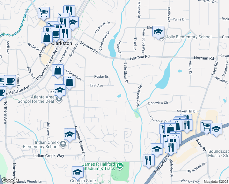 map of restaurants, bars, coffee shops, grocery stores, and more near 3835 East Avenue in Clarkston