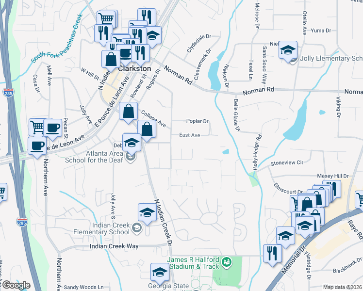 map of restaurants, bars, coffee shops, grocery stores, and more near 882 Market Way in Clarkston