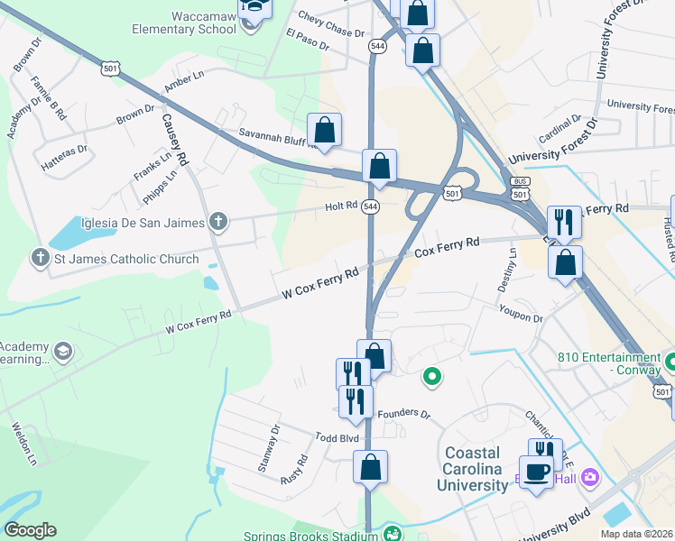 map of restaurants, bars, coffee shops, grocery stores, and more near 424 West Cox Ferry Road in Conway