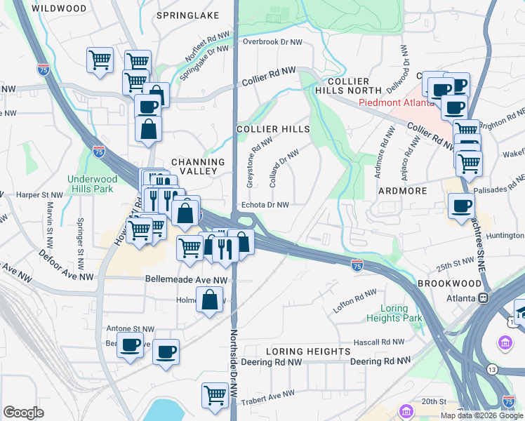 map of restaurants, bars, coffee shops, grocery stores, and more near 548 Echota Drive Northwest in Atlanta