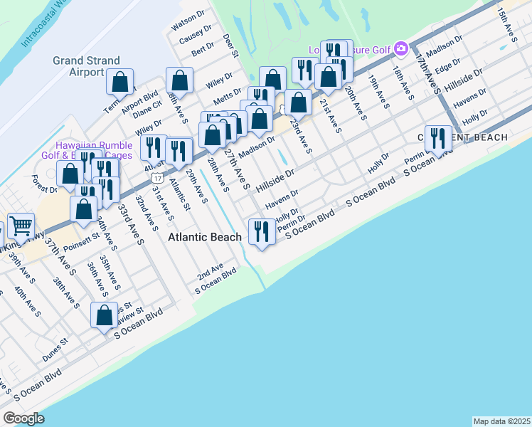 map of restaurants, bars, coffee shops, grocery stores, and more near 406 27th Avenue South in North Myrtle Beach