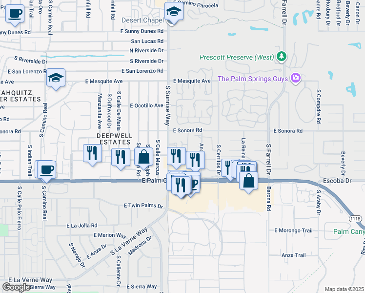 map of restaurants, bars, coffee shops, grocery stores, and more near 1717 East Sonora Road in Palm Springs