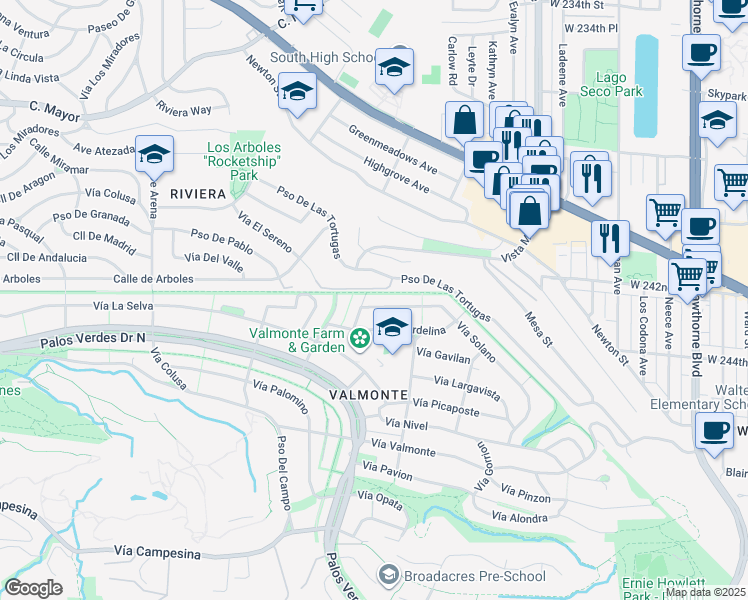map of restaurants, bars, coffee shops, grocery stores, and more near 3905 Vía Solano in Palos Verdes Estates
