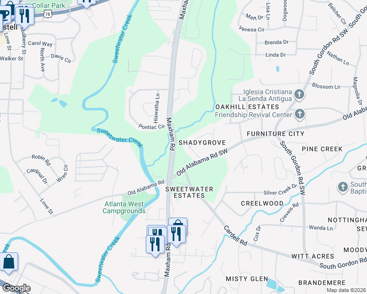 map of restaurants, bars, coffee shops, grocery stores, and more near 142 Maxham Road in Austell