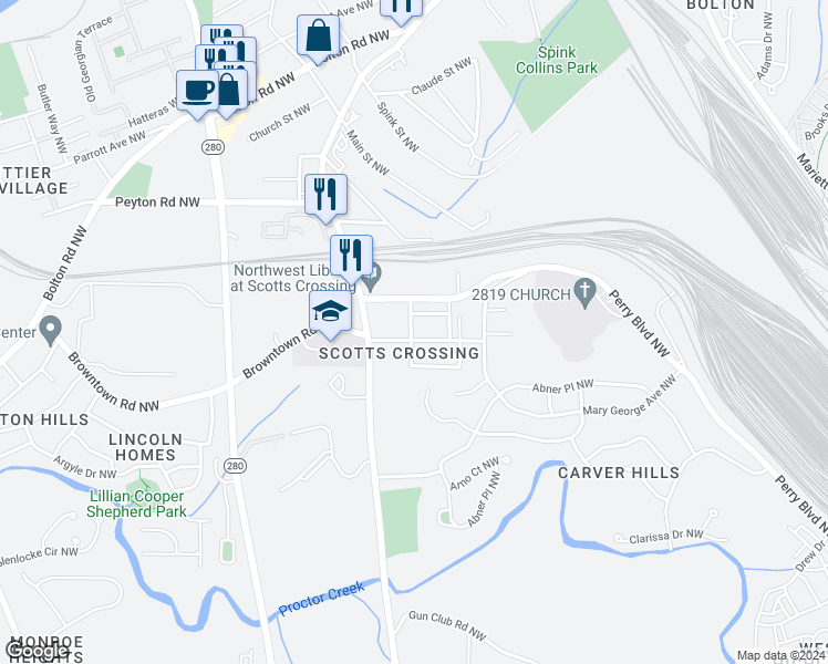 map of restaurants, bars, coffee shops, grocery stores, and more near 1767 Church Street Northwest in Atlanta