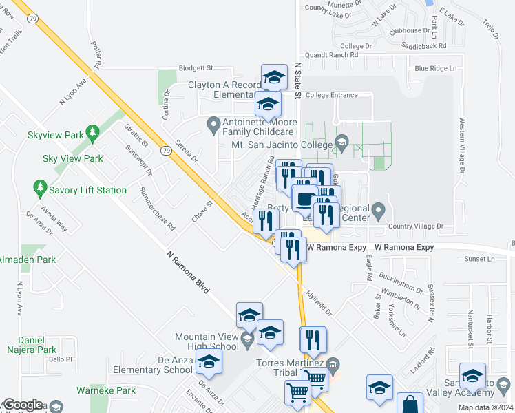 map of restaurants, bars, coffee shops, grocery stores, and more near 1279 Heritage Ranch Road in San Jacinto
