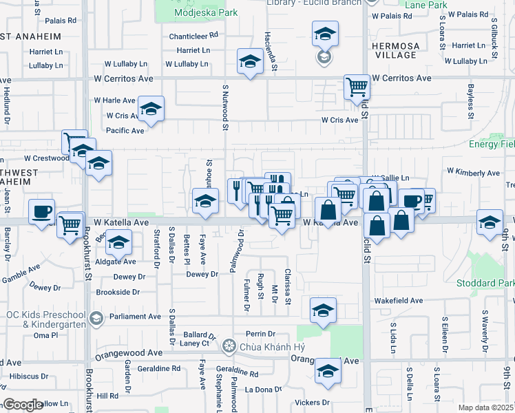 map of restaurants, bars, coffee shops, grocery stores, and more near 1731 South Easy Way in Anaheim