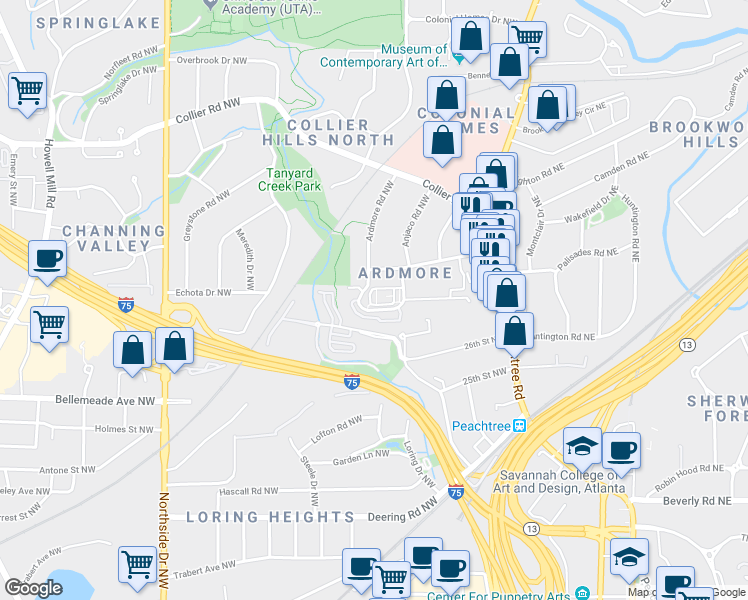map of restaurants, bars, coffee shops, grocery stores, and more near 346 Ardmore Court Northwest in Atlanta