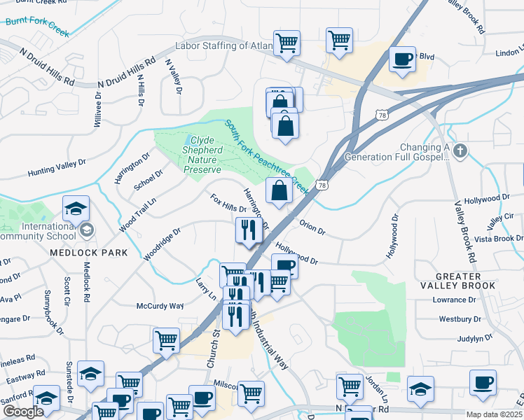 map of restaurants, bars, coffee shops, grocery stores, and more near 2722 Harrington Drive in Decatur