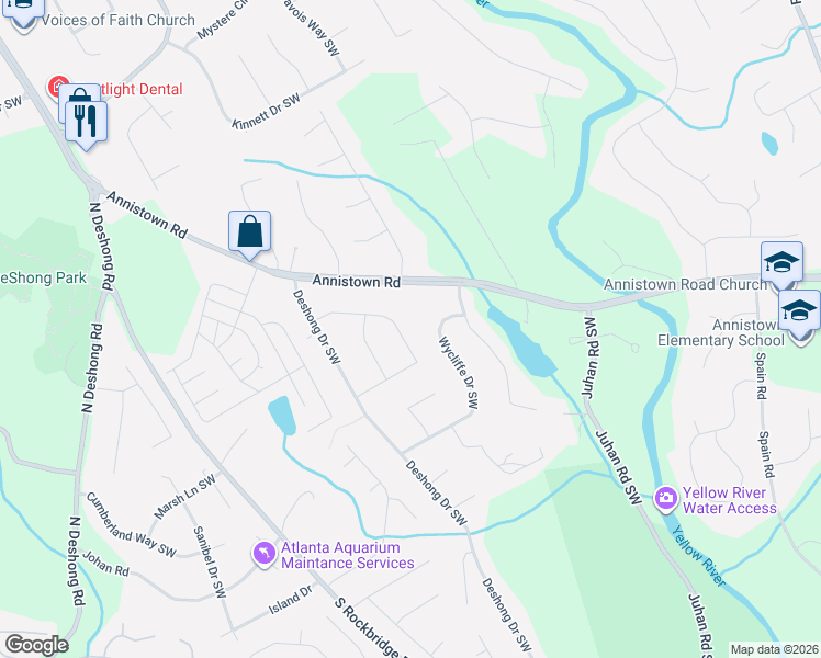 map of restaurants, bars, coffee shops, grocery stores, and more near 4885 Manor Drive Southwest in Stone Mountain