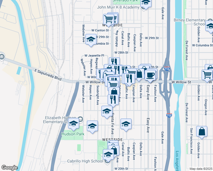 map of restaurants, bars, coffee shops, grocery stores, and more near 2572 Cota Avenue in Long Beach