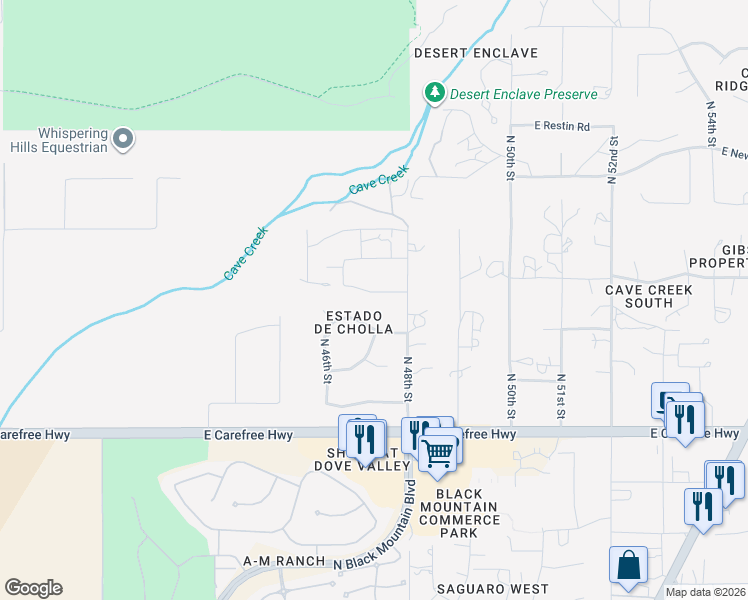 map of restaurants, bars, coffee shops, grocery stores, and more near 4707 East El Sendero Drive in Cave Creek