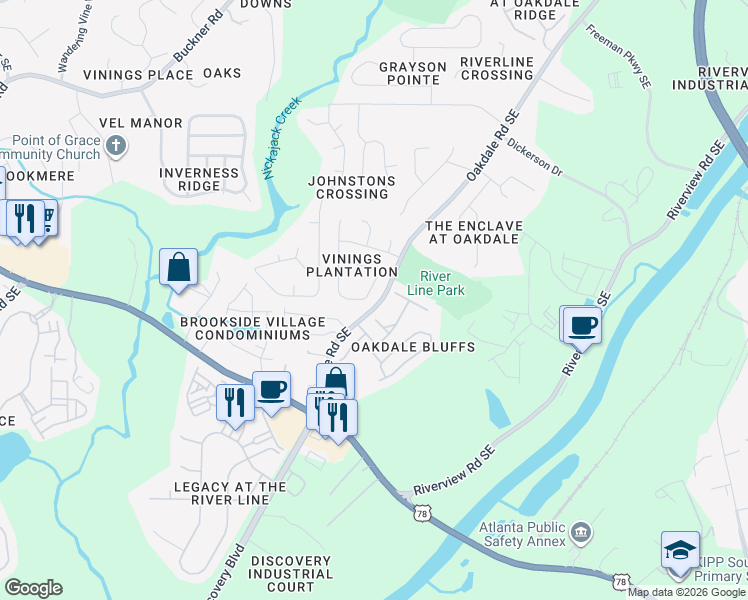 map of restaurants, bars, coffee shops, grocery stores, and more near 6086 Farmwood Way Southeast in Mableton