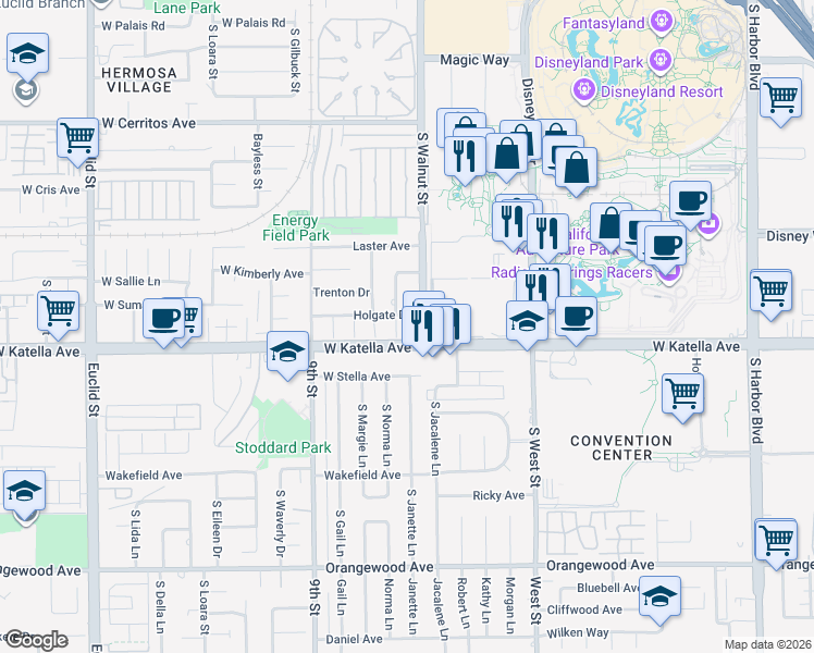 map of restaurants, bars, coffee shops, grocery stores, and more near 1767 South Heather Lane in Anaheim