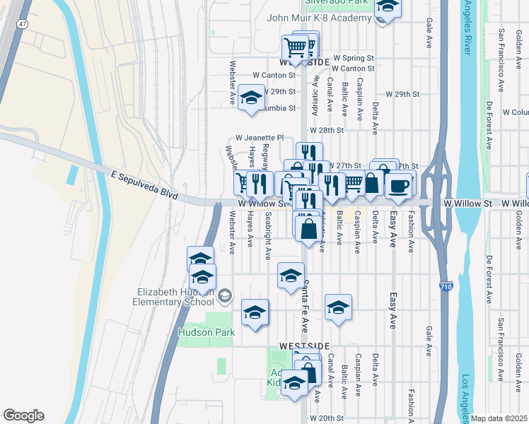 map of restaurants, bars, coffee shops, grocery stores, and more near 2573 Seabright Avenue in Long Beach