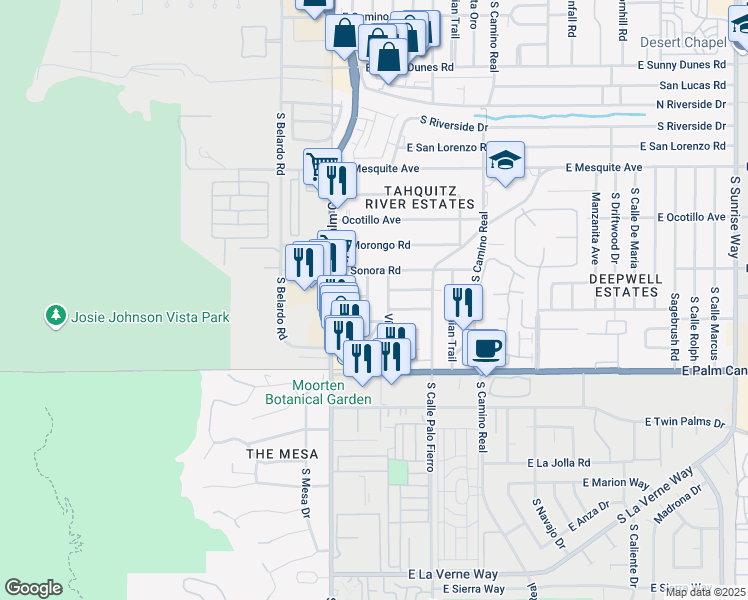map of restaurants, bars, coffee shops, grocery stores, and more near 1500 Vía Soledad in Palm Springs