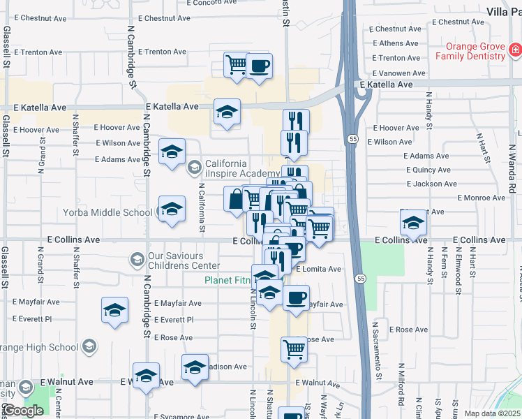 map of restaurants, bars, coffee shops, grocery stores, and more near 1522 East Locust Avenue in Orange
