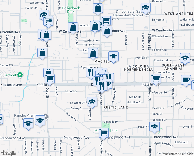map of restaurants, bars, coffee shops, grocery stores, and more near 10901 Magnolia Avenue in Anaheim