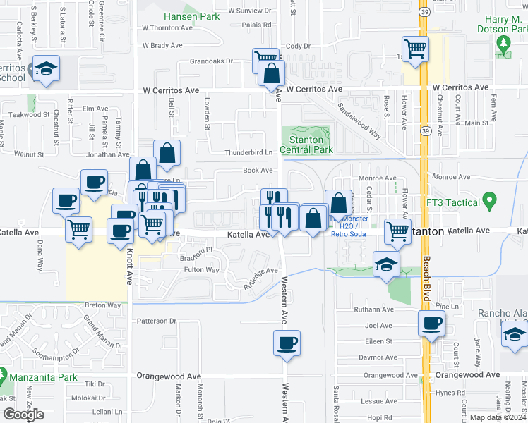 map of restaurants, bars, coffee shops, grocery stores, and more near 7444 Skyline Drive in Stanton