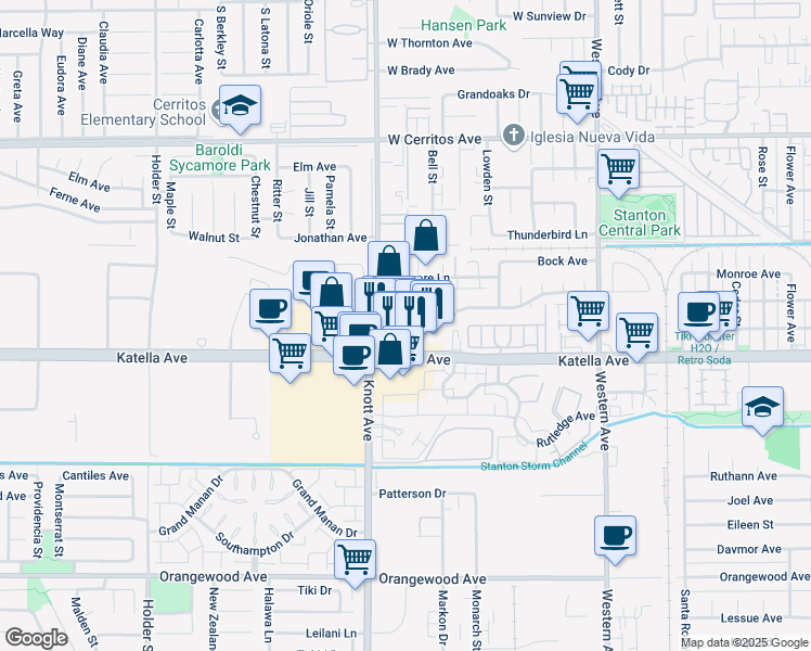 map of restaurants, bars, coffee shops, grocery stores, and more near 7080 Syracuse Avenue in Stanton