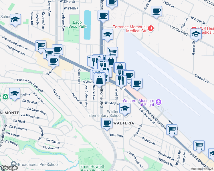 map of restaurants, bars, coffee shops, grocery stores, and more near 3702 West 242nd Street in Torrance