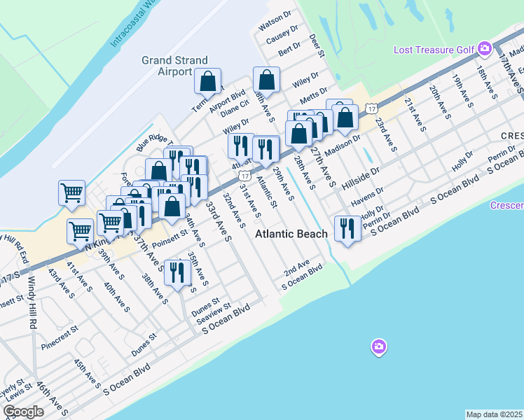 map of restaurants, bars, coffee shops, grocery stores, and more near 700 31st Avenue South in Atlantic Beach