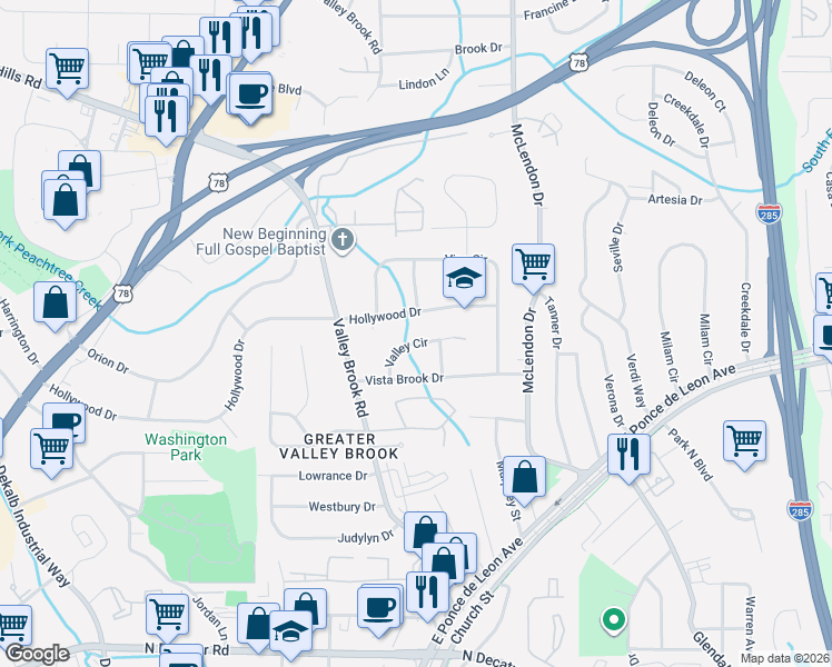 map of restaurants, bars, coffee shops, grocery stores, and more near 3078 Valley Circle in Decatur