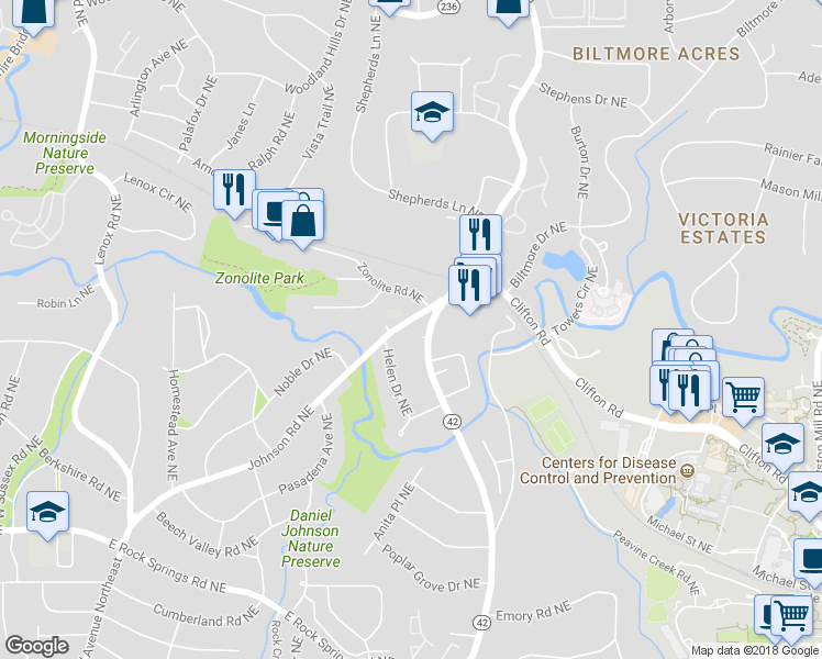 map of restaurants, bars, coffee shops, grocery stores, and more near 1879 Johnson Road Northeast in Atlanta