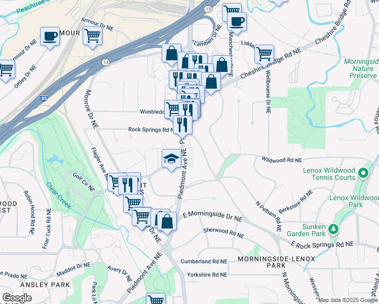 map of restaurants, bars, coffee shops, grocery stores, and more near 1801 Piedmont Avenue Northeast in Atlanta