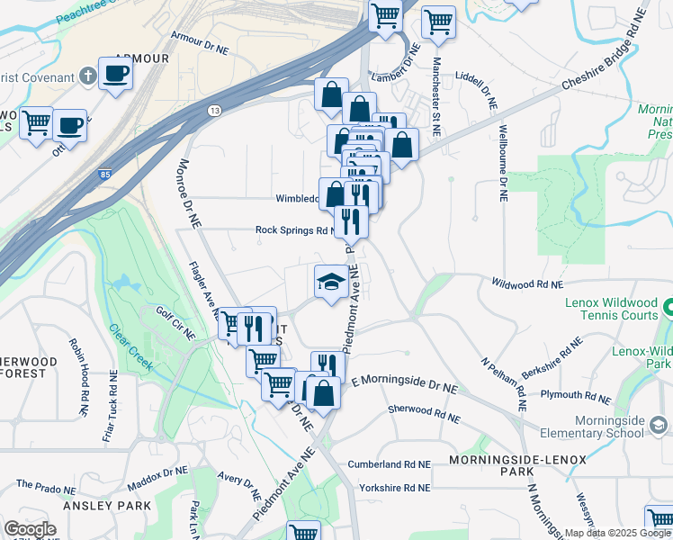 map of restaurants, bars, coffee shops, grocery stores, and more near 630 Montgomery Ferry Road Northeast in Atlanta