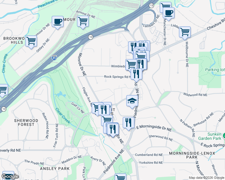 map of restaurants, bars, coffee shops, grocery stores, and more near 549 Allen Road Northeast in Atlanta