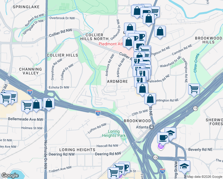map of restaurants, bars, coffee shops, grocery stores, and more near 362 Ardmore Court Northwest in Atlanta