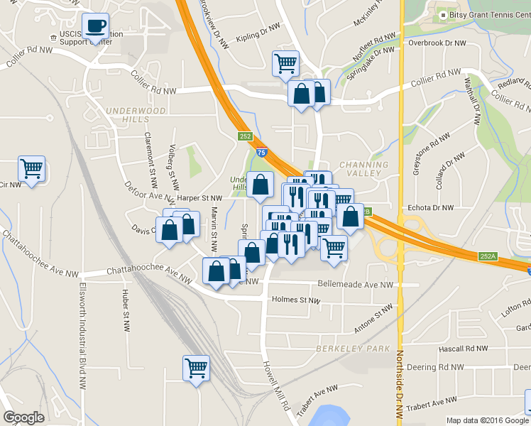 map of restaurants, bars, coffee shops, grocery stores, and more near 1789 Ridgeway Avenue Northwest in Atlanta