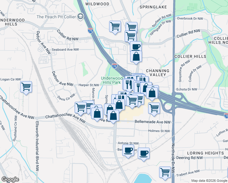 map of restaurants, bars, coffee shops, grocery stores, and more near 1789 Ridgeway Avenue Northwest in Atlanta
