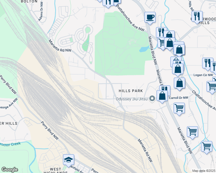 map of restaurants, bars, coffee shops, grocery stores, and more near 1777 Ellen Street Northwest in Atlanta