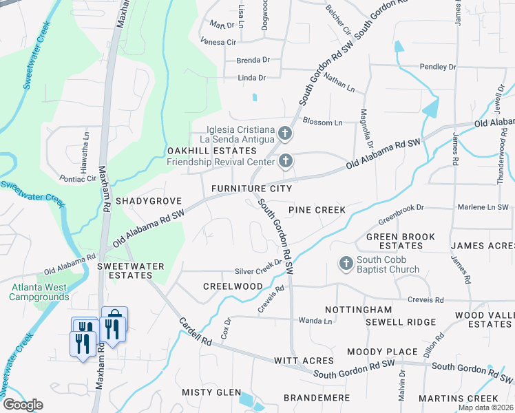 map of restaurants, bars, coffee shops, grocery stores, and more near 6187 Grovecrest Way Southwest in Austell